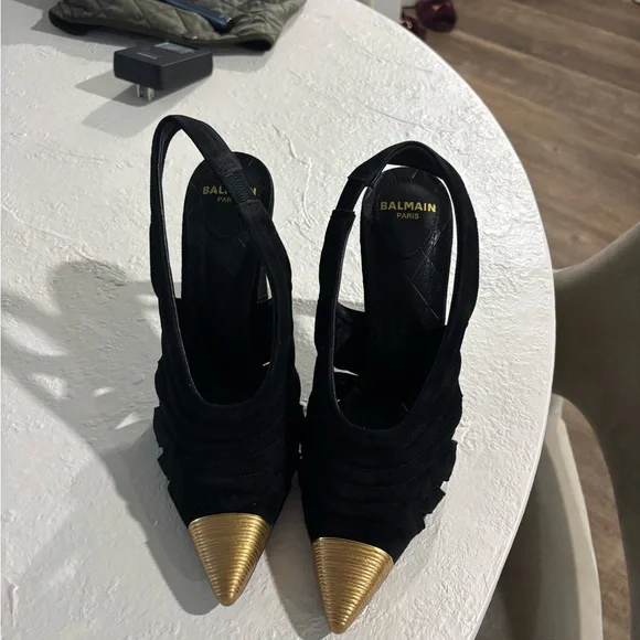 Balmain Black and Gold Cutout Slingback Heels - Picture 3 of 8
